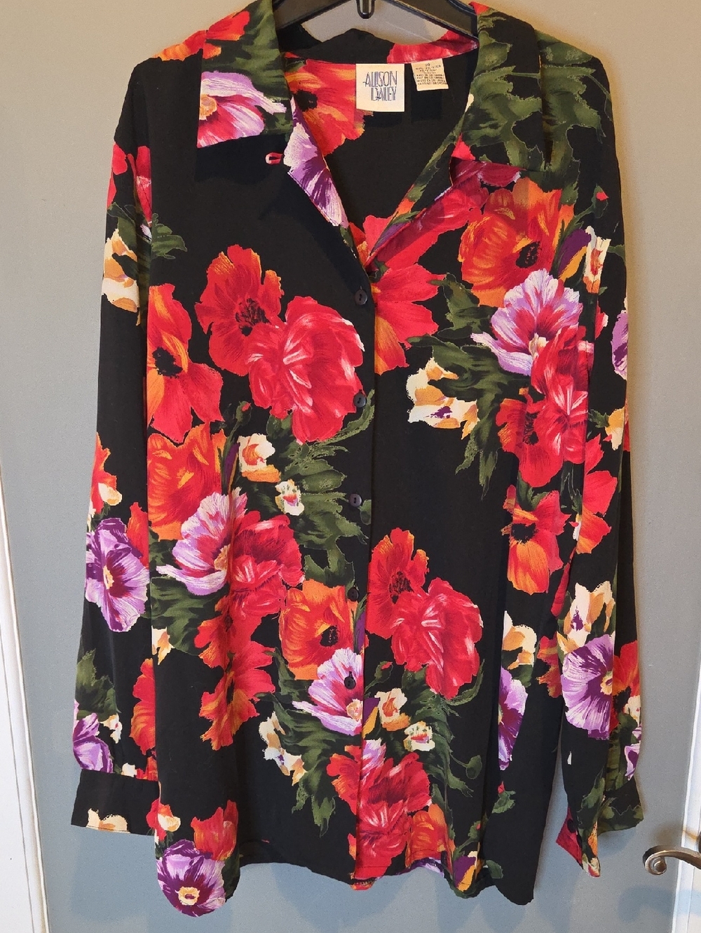 Allison Daley Black Floral Button-Up Blouse with Red & Purple Flowers